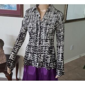 APT 9 Black White Abstract Print Button Up Top Flare Sleeves Size L